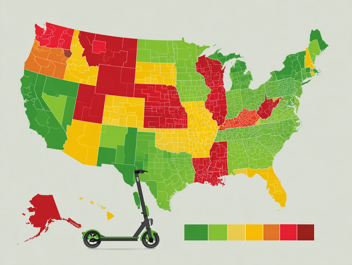 Color-coded map of United States showing electric scooter legality by state - green for legal, red for prohibited, yellow for restricted"