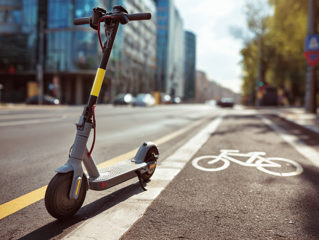 Street legal electric scooter parked in designated bike lane on urban city street with safety lights and reflectors visible