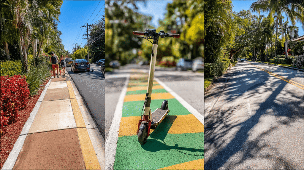Aerial view showing four legal riding locations for electric scooters in Florida: sidewalk, bike lane, residential street, and crosswalk